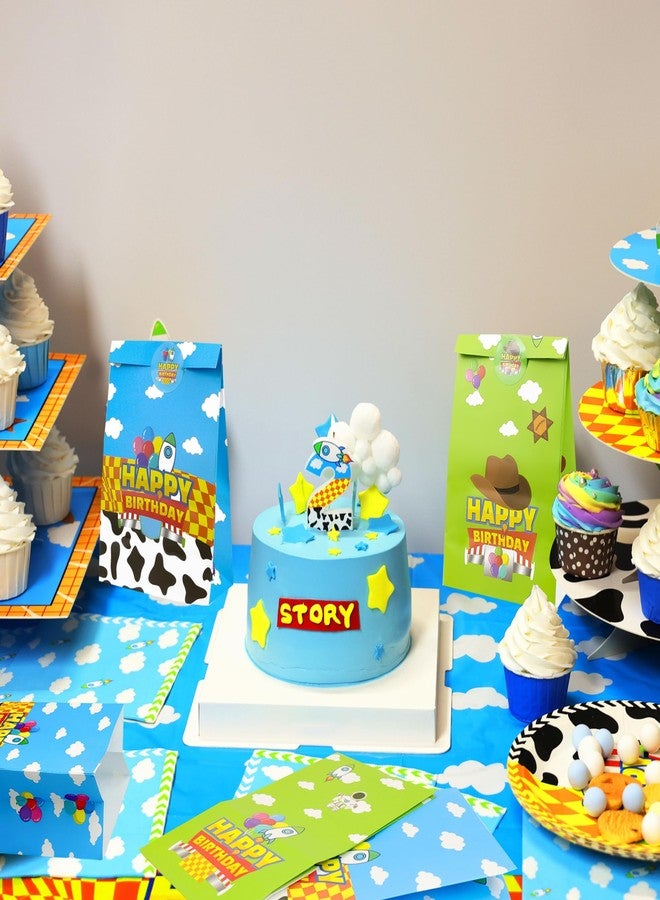 CHENRINDECO 32Pcs Cartoon Story Theme Gift Paper Bags with Stickers, Blue Sky White Clouds Small Rocket Party Candy Bags, Suitable for Toy-Themed Party Supplies - Image 2